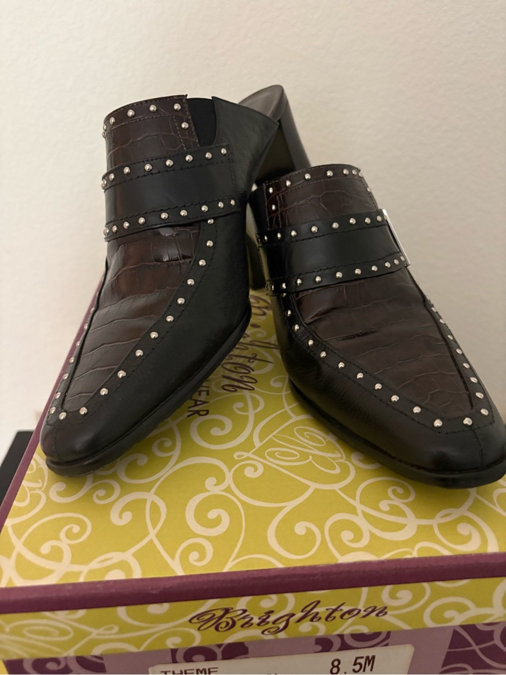 Brighton Theme Black and Brown Studded Leather Mules